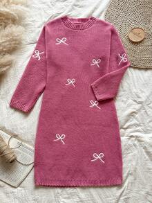 SHEIN Tween Girls' Casual Bowknot Pattern Knit Dress - Pink - View 3