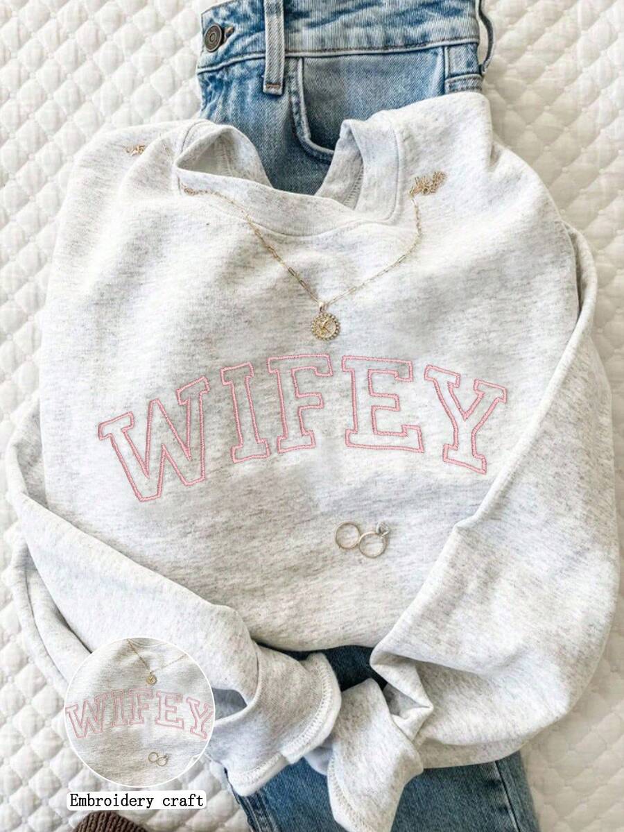 INAWLY Fall Vintage Contrast Slogan Embroidered Crew Neck Contrast Pattern Sweatshirt, Wife's Gift - Light Grey - View 1