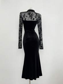 Elamini 女士黑色天鹅绒和网眼面料中式领侧开衩珍珠纽扣褶腰鱼尾长袖超长连衣裙，优雅的中国复古风格，适合派对、通勤、约会，百搭秋冬 - 黑色 - 查看 2