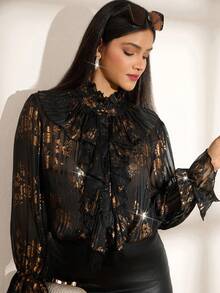 Zelara Bluzka damska w dużym rozmiarze w stylu vintage, elegancka, złota folia, kołnierzyk typu żabot, bufiaste rękawy, wiosenno-jesienna, czarno-złota góra, czarna koronkowa koszula, eleganckie bluzki, przezroczysta bluzka, czarny top, czarny top z gorsetem, zimowy Nowy Rok, Święto Dziękczynienia, eleganckie bluzki damskie na imprezę w dużym rozmiarze, lśniąca góra, zimowa, przytulna, jesienno-zimowa, świąteczna impreza - Czarne - Zobacz 8