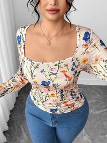 Elenzga Blusa de manga larga con cuello en U, estampado floral y fruncido, para mujer talla grande. Adecuada para el día a día, fiestas y transporte, otoño/invierno - Multicolor - Ver 7