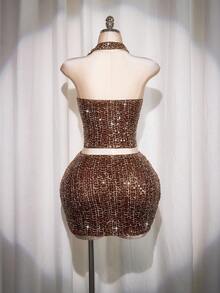 SHEIN ICON Váy ngắn bodycon lấp lánh kim sa cỡ lớn, váy dự tiệc lấp lánh - Màu Đỏ Sâu - Xem 2