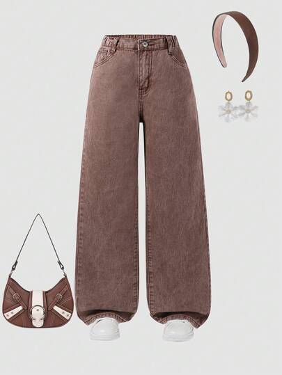 SHEIN ChillGRL Jeans rectos de cintura elástica estilo Y2K para niña preadolescente, con bolsillos planos, jeans holgados marrones de uso diario, jeans holgados y lindos