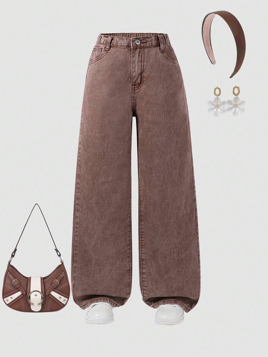 SHEIN ChillGRL Quần jeans ống đứng cạp chun có túi phẳng phong cách Y2K cho bé gái tuổi teen, quần jeans rộng màu nâu dễ thương, thích hợp mặc hàng ngày. - Cà phê nâu - Xem 1