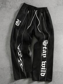 PAVTROS Pantalon de survêtement décontracté pour hommes avec cordon de serrage à la taille, pantalon de survêtement noir avec imprimé graphique pour l'automne, pantalon streetwear avec imprimé lettres, pantalon élastique pour hommes, pantalon de survêtement Y2k goth pour hommes - Noir - Voir 4