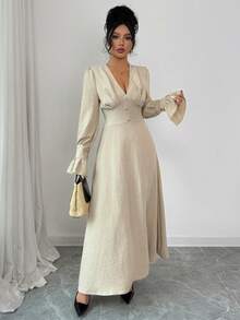 Siren Gaze Vestido de campana de unicolor elegante para mujer - Albaricoque - Ver 1