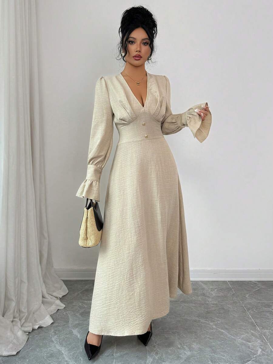 Siren Gaze Vestido de campana de unicolor elegante para mujer - Albaricoque - Ver 1