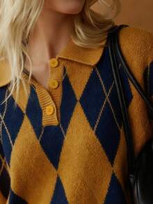 Écloséra 法式复古宽松Polo领长袖针织拼色菱形图案半扣设计卡其色女套头衫，秋冬 - 黃色 - 查看 8