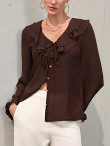 Aveloria Modichic 裸粉色女式雪纺层叠荷叶边下摆透明浪漫优雅性感休闲百搭长袖衬衫 - 咖啡棕 - 查看 4