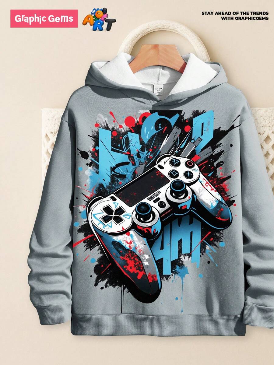 GraphicGems Tween Boy Graphic Print Pullover Hoodie, Comfy Casual School Sports Sweatshirt With Colorful Game Console Design, Suitable For Spring/Autumn Outdoor Activities