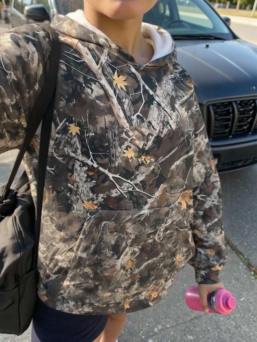 SHEIN Áo nỉ rộng in họa tiết dành cho nữ tuổi teen, phong cách thời trang đường phố thường ngày. - xanh quân đội - Xem 1