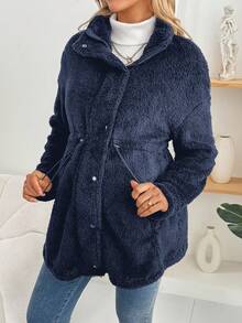 SHEIN 孕妇纯色落肩长袖抽绳腰休闲羊毛常规夹克，秋冬 - 藏蓝色 - 查看 3