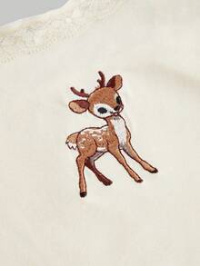 ROMWE J-Fashion Conjunto Blusa de Renda Bordada com Estampa de Cervo Fofo e Shorts Combinando com Estampa de Cervo