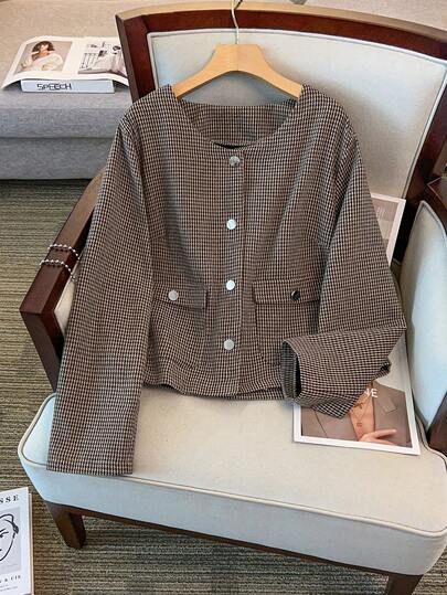 GlowEve CURVE 大码女式千鸟格圆领长袖短款夹克，秋冬