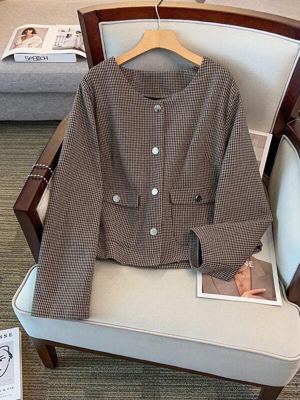 GlowEve CURVE 大码女式千鸟格圆领长袖短款夹克，秋冬