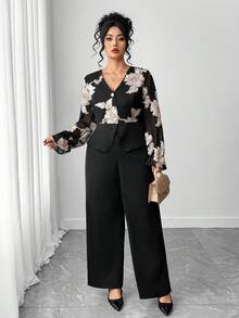 Elenzga 大码女式 V 领修身长袖网眼刺绣花卉上衣和纯色阔腿裤 2 件套 - 彩色 - 查看 3