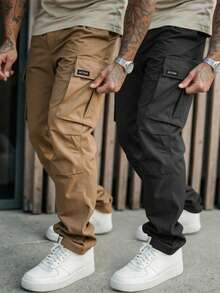 Manfinity Homme 2 件男士长裤套装，多口袋工装裤和休闲直筒裤 - 彩色 - 查看 1