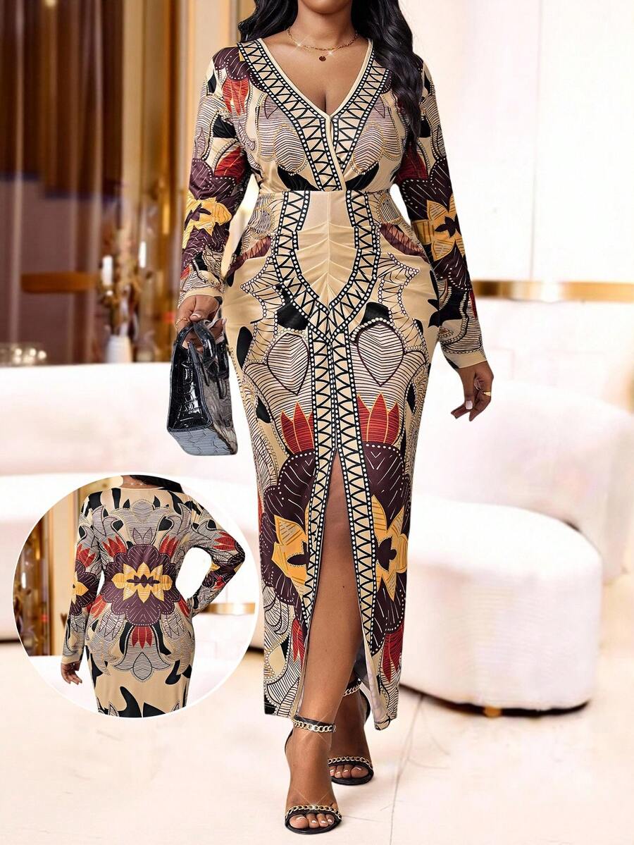 SHEIN Lady Brown Dress Elegant Dresses For Party Long Party Dresses Luxury Evening Dresses For Women Shiny Dress Party Dress   Long Party Dress  Plus Size Women Geometric Print V-Neck Long Sleeve Split Hem Fitted Elegant Dress