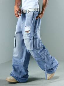 ROMWE MEN Street Life Herren Lässig Mode Straße Zerrissene Klappe Tasche Locker Weites Bein Cargo Jeans - Blau - Übersicht 1
