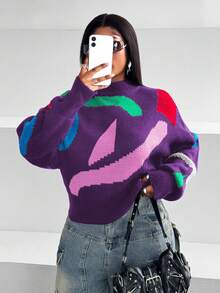 Maweii 大码女式宽松落肩拼色圆领毛衣，秋冬休闲装 - 彩色 - 查看 1