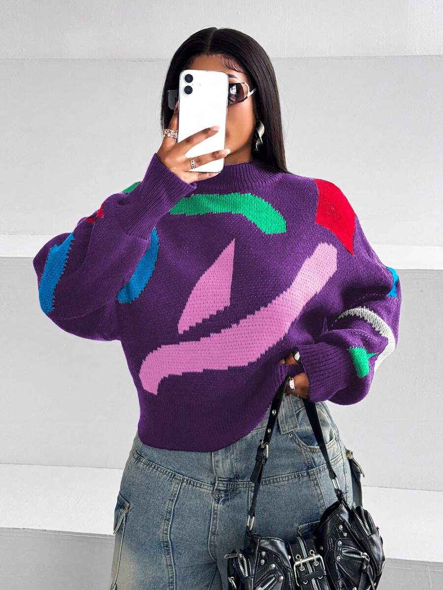 Maweii 大码女式宽松落肩拼色圆领毛衣，秋冬休闲装 - 彩色 - 查看 1