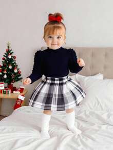 2pcs Baby Girl Knitted Long Sleeve T-Shirt And Bubble Corn Skirt Set,Blue Checkered,Autumn,Cute,Matching Family,Christmas Halloween Back To School - Black - View 1