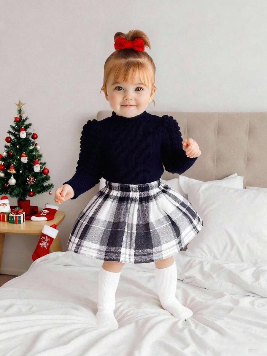 2pcs Baby Girl Knitted Long Sleeve T-Shirt And Bubble Corn Skirt Set,Blue Checkered,Autumn,Cute,Matching Family,Christmas Halloween Back To School - Black - View 1