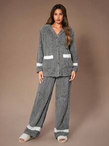 Lazeform Bộ đồ ngủ nữ vải Jacquard hai túi chắp vá màu tương phản, áo trùm đầu và quần dài, quần áo mùa đông, bộ đồ ngủ bông màu xám ấm áp, bộ đồ ngủ len bông cho nữ - Xám - Xem 3