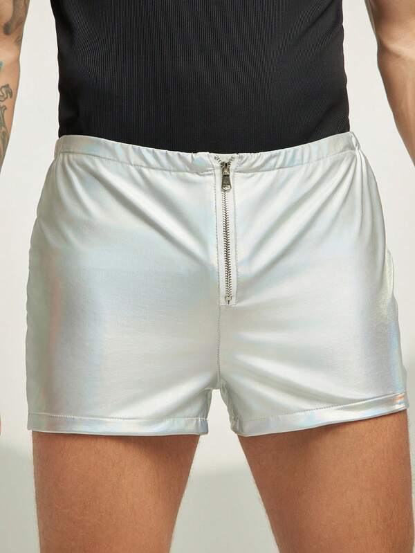 FeverCity Pantalones cortos casuales de cintura elástica con cremallera de unicolor para hombres