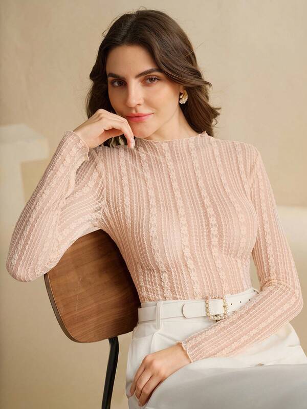 Anewsta Top de sous-vêtement moulant à manches longues en dentelle 3D pour femmes