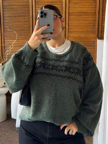 Dazy Plus Plus Size Women Loose Fit Patterned Jacquard Colorblock Christmas Holiday Pullover Sweater, Autumn/Winter