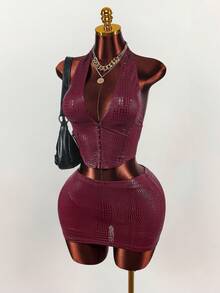 Amplova 女士勃艮第鳄鱼印花性感 V 领上衣和迷你裙套装，派对装 - 酒紅色 - 查看 1