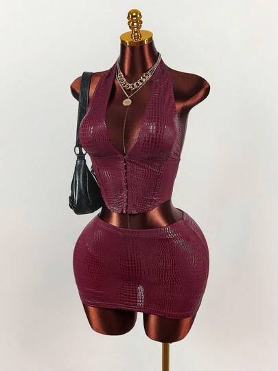 Amplova Conjunto de top con escote en V sexy y minifalda con estampado de cocodrilo burdeos para mujer, atuendo de fiesta
