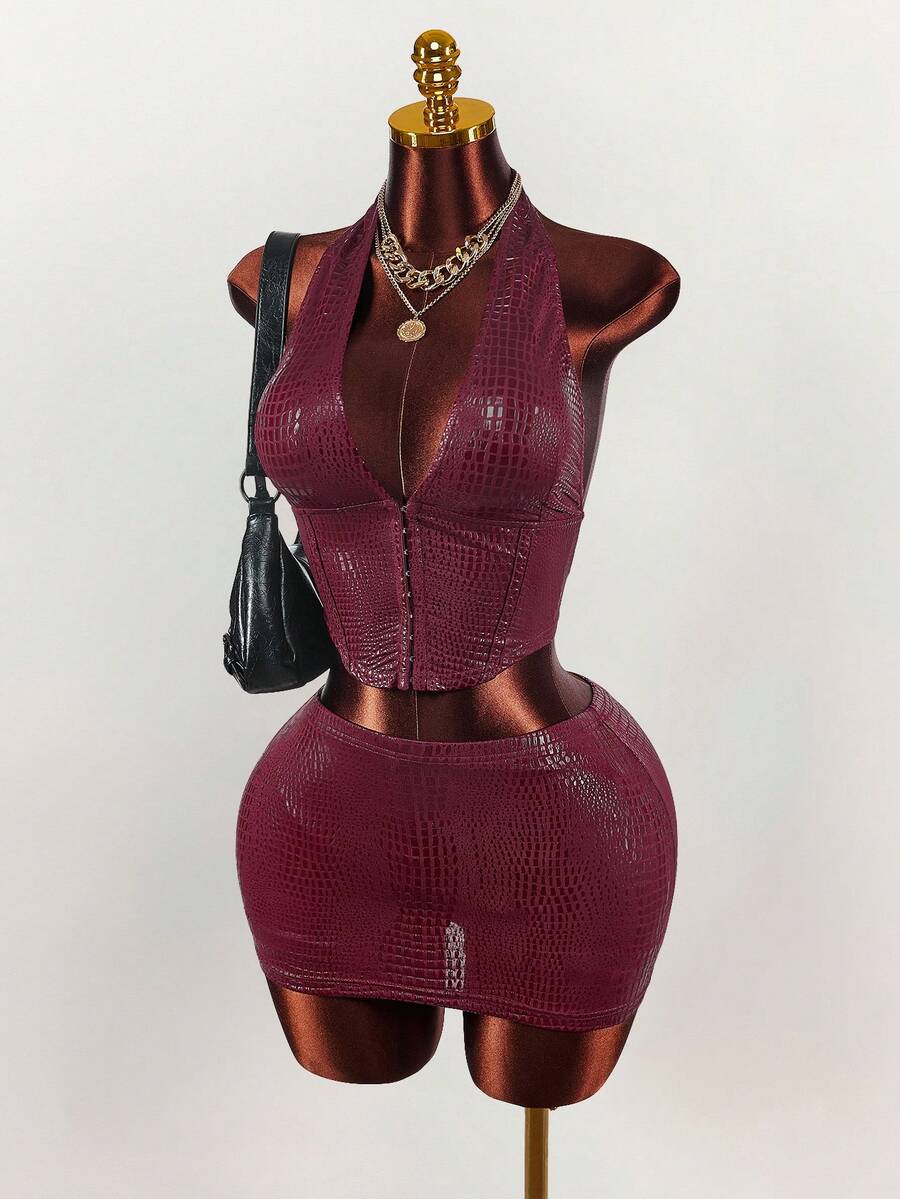 Amplova 女士勃艮第鳄鱼印花性感 V 领上衣和迷你裙套装，派对装 - 酒紅色 - 查看 1