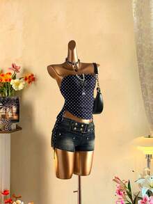SHEIN EZwear Women's Casual Drawstring Tie-Front Cropped Tube Top - Blue and White - View 7