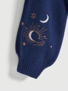 ROMWE Hippie 女式嬉皮风格太阳、月亮、星星和蛇刺绣开衫 - 寶藍色 - 查看 4