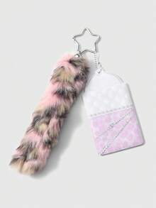 ROMWE Anime 1件Y2K风格复古极简高品质黑白渐变人造毛皮尾巴，PVC亮面卡包，带有音乐元素、波点翅膀、钢琴键、星星钥匙扣吊坠，适合女性日常佩戴和节日礼物 - 粉色-48 - 查看 9