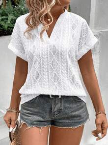 INAWLY Summer Plus Size Women V-Neck Bat Sleeve T-Shirt With Rhombus Jacquard Pattern