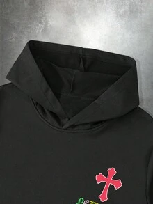 PAVTROS 2 件男士彩色十字架和纽约口号图案印花街头风连帽衫和运动裤套装，秋季服装 - 黑色 - 查看 4