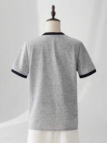 ESTAVOR 男士休闲撞色饰边标语印花短袖 T 恤，夏季 - 灰色 - 查看 4