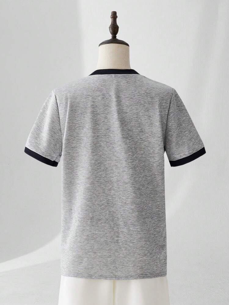 ESTAVOR 男士休闲撞色饰边标语印花短袖 T 恤，夏季 - 灰色 - 查看 4