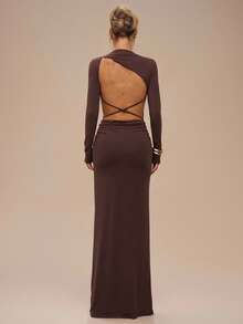 SHEIN BAE 纯色长袖露背系带褶饰优雅连衣裙，适合秋冬季，伴娘服，生日礼服，正式场合礼服，日常穿着 - 棕色 - 查看 3