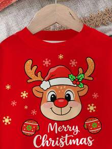 SHEIN Bộ áo nỉ dài tay cổ tròn dày mềm mại họa tiết tuần lộc Giáng sinh dễ thương và hài hước cho bé gái, phù hợp cho mùa thu/đông - Nhiều màu - Xem 4