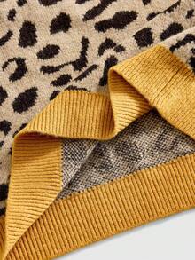 ROMWE MEN Street Life 男士拼色圆领长袖休闲宽松针织豹纹提花毛衣 - 黃色 - 查看 5