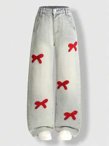 SHEIN ChillGRL Tween Girl Light Blue Jeans, Cute Back-To-School Summer School Loose Fit Straight Leg Baggy Jeans With Red Bowknot Embroidered Y2k Pants - Blue - View 1