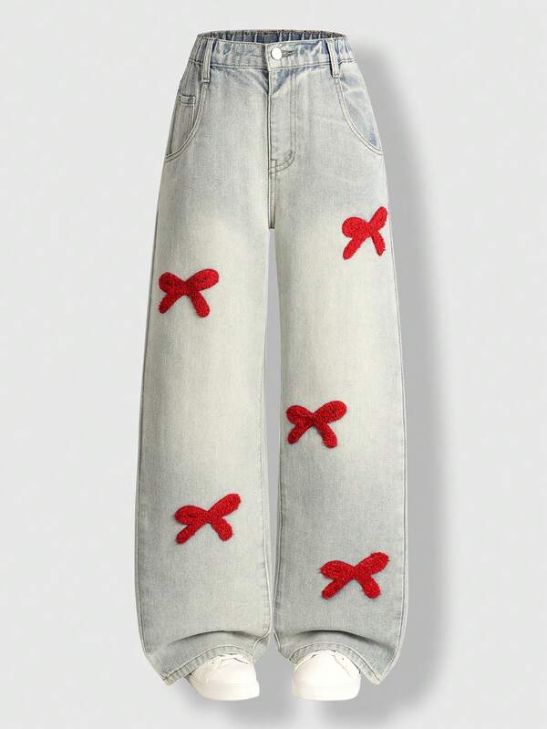 ChillGRL SHEIN KIDS Tween Girls Jeans, Gifts For 11 Year Old Girls,New Arrival For Autumn/Winter 2025, Vintage American Style Light Blue Denibowknotnot Embroidered, Loose Fit Straight Leg Casual Jeans, Suitable For Outings, School, Commute, Parties, Christmas, And Home Wear Jeans With Bows Bow Jeans Baggy Jeans Y2k Pants With Crosses Girls Butterfly Jeans