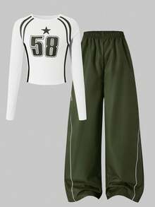 SHEIN Explorewe 2 件套青少年女孩海军蓝数字印花长袖圆领上衣和阔腿裤休闲装 - 軍綠色 - 查看 7