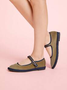 CUCCOO DOLLMOD Giày bệt Mary Jane nhung cổ điển thanh lịch, thoải mái bằng vải nhung màu kaki dành cho nữ - Màu Khaki - Xem 3