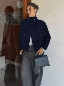 Siren Gaze Áo khoác len hai hàng khuy trơn màu thời trang dành cho nữ, màu xanh navy - Màu xanh hải quân - Xem 5