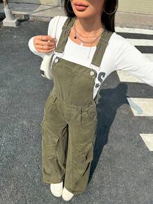 SHEIN EZwear Women's Asian Style Casual Everyday Versatile Denim Bib Pants And Jumpsuit - Army Green - View 3